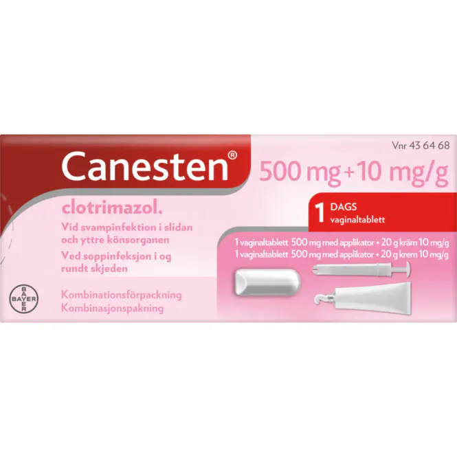 Hovedbilde Canesten 500 mg Vaginaltablett + 10 mg/g Krem 1 stk + 20 g