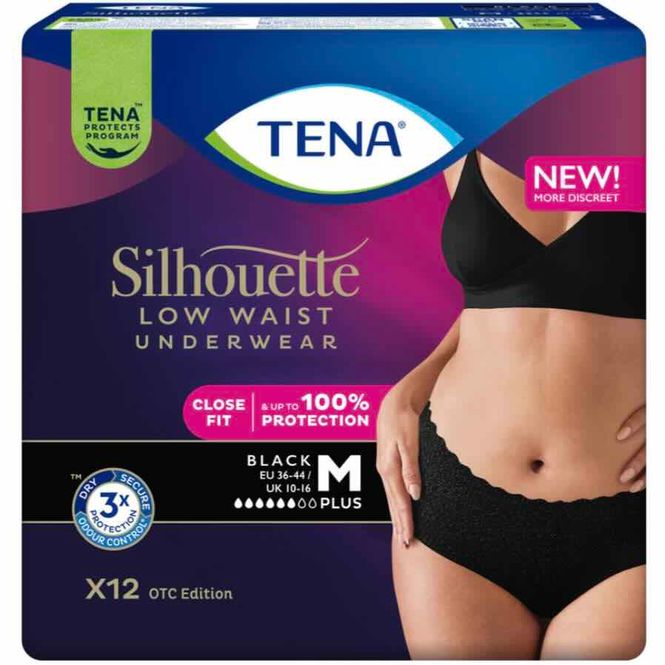 Hovedbilde Tena Silhouette Pants Plus Low Waist Buksebleie Sort M 12 stk 