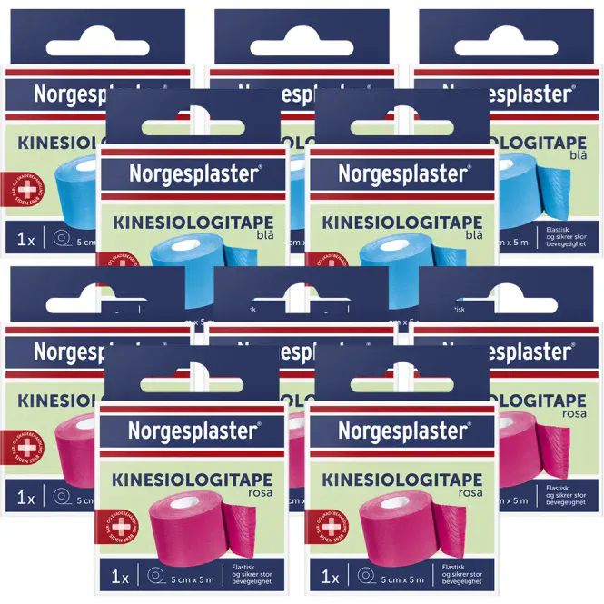 Hovedbilde Norgesplaster Kinesiologi 5 cm x 5 m Klinikkpakke - 5 Blå + 5 Rosa